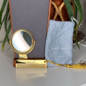 Judith Leiber Vintage Gold Tone Mirror & Comb Vanity Set Italy w/ Pouch
